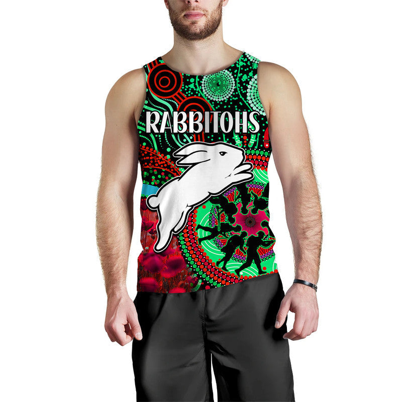 (Custom Personalised) Rabbitohs Rugby ANZAC Men Tank Top Aboriginal Military and Poppy Flowers - Vibe Hoodie Shop