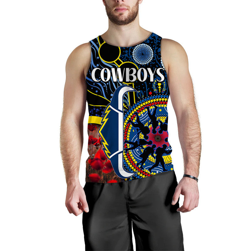 (Custom Personalised) Cowboys Rugby ANZAC Men Tank Top Aboriginal Military and Poppy Flowers - Vibe Hoodie Shop