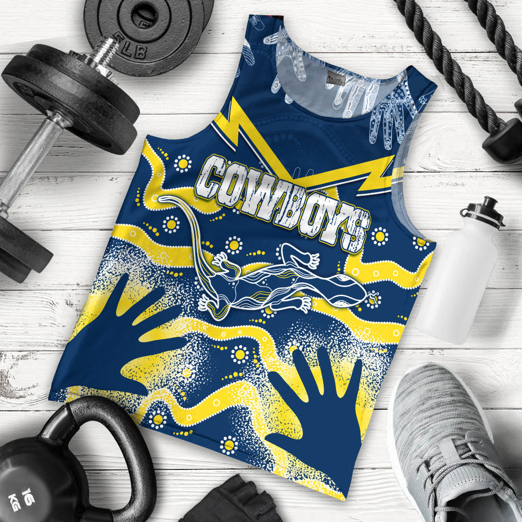 Personalised Cowboys Rugby Indigenous Men Tank Top Lizard Mix Hand Stencils - Vibe Hoodie Shop