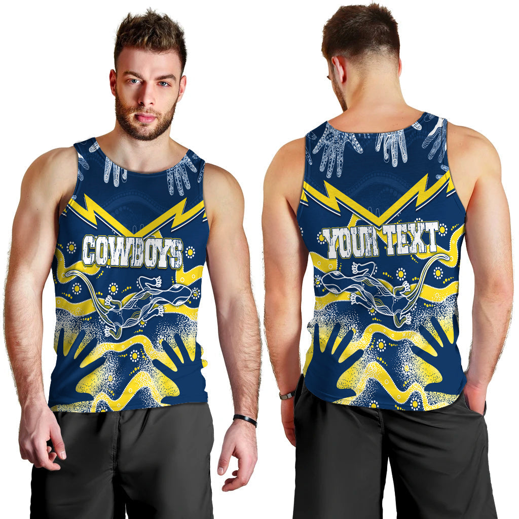 Personalised Cowboys Rugby Indigenous Men Tank Top Lizard Mix Hand Stencils - Vibe Hoodie Shop