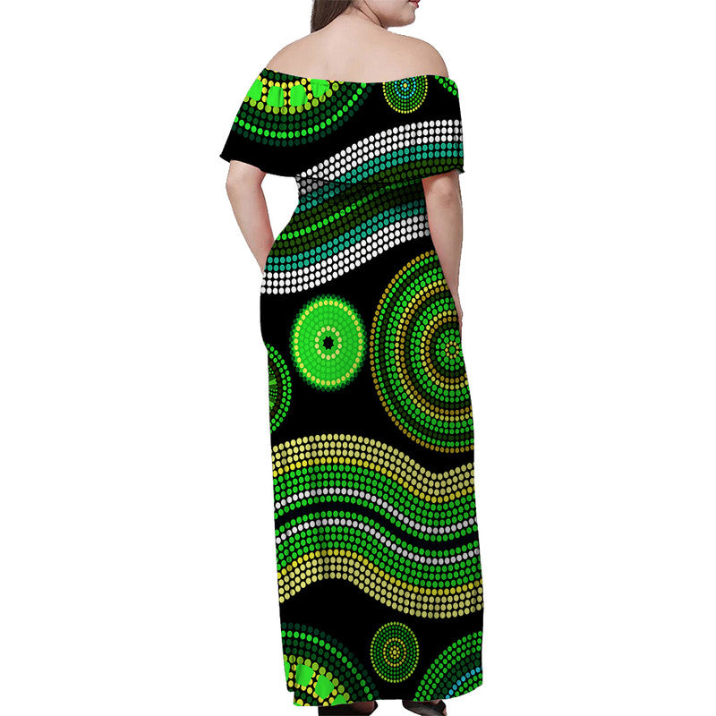 Australian Aboriginal Dot Unique Style Green Off Shoulder Long Dress - Vibe Hoodie Shop