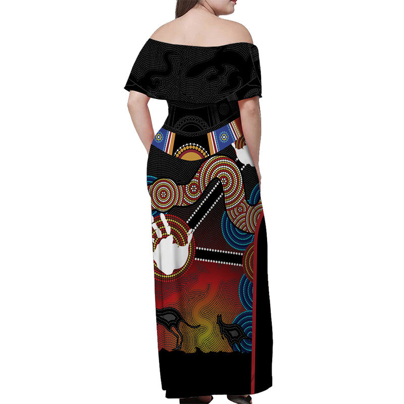 Australian Boomerang And Snake Red Indigenous Art Off Shoulder Long Dress - Vibe Hoodie Shop