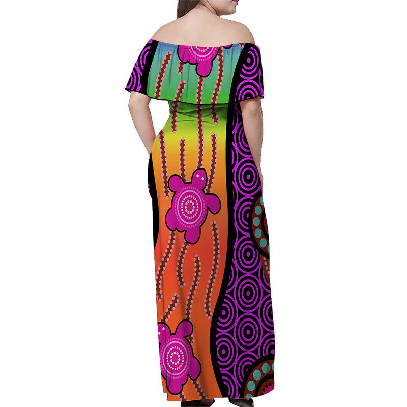 Australian Aboriginal Turtle Pink Off Shoulder Long Dress - Vibe Hoodie Shop