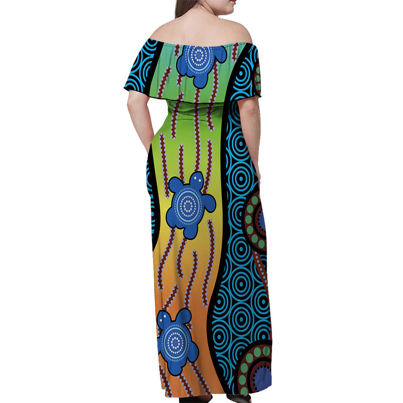 Australian Aboriginal Turtle Blue Off Shoulder Long Dress - Vibe Hoodie Shop