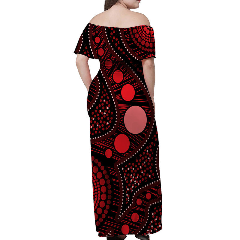 Australian Aboriginal Art Red Off Shoulder Long Dress - Vibe Hoodie Shop