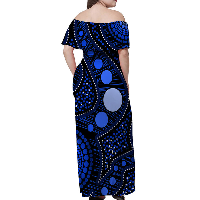 Australian Aboriginal Art Blue Off Shoulder Long Dress - Vibe Hoodie Shop