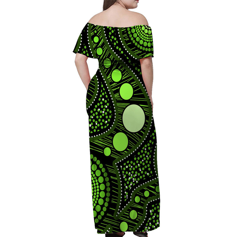 Australian Aboriginal Art Green Off Shoulder Long Dress - Vibe Hoodie Shop