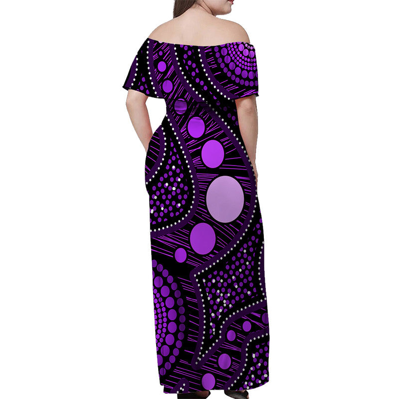 Australian Aboriginal Art Purple Off Shoulder Long Dress - Vibe Hoodie Shop