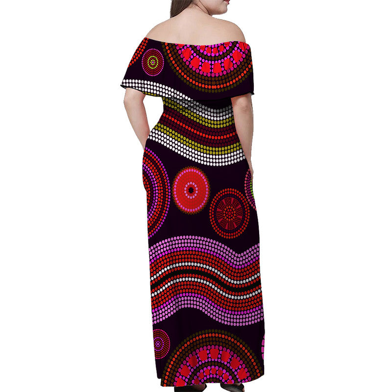 Australian Aboriginal Dot Unique Style Pink Off Shoulder Long Dress - Vibe Hoodie Shop