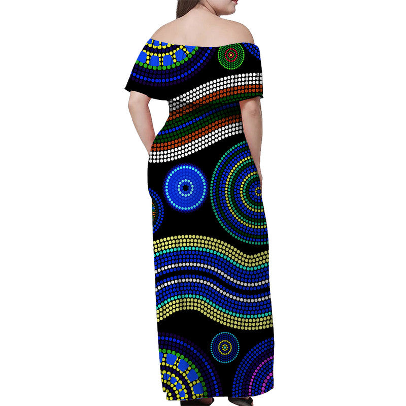 Australian Aboriginal Dot Unique Style Blue Off Shoulder Long Dress - Vibe Hoodie Shop