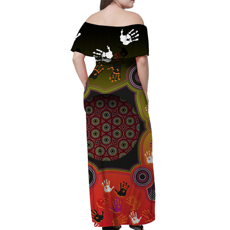 Australian Indigenous Circle Dot Painting Hand Art Off Shoulder Long Dress - Vibe Hoodie Shop