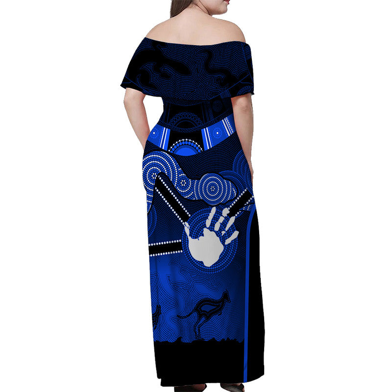 Australian Boomerang And Snake Blue Indigenous Art Off Shoulder Long Dress - Vibe Hoodie Shop