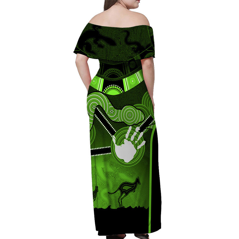 Australian Boomerang And Snake Green Indigenous Art Off Shoulder Long Dress - Vibe Hoodie Shop