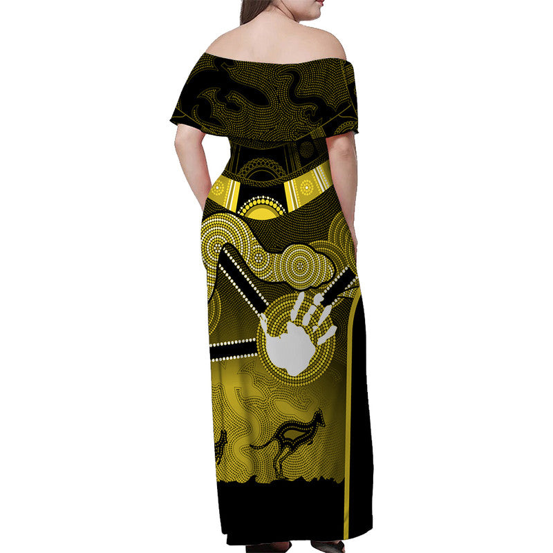 Australian Boomerang And Snake Yellow Indigenous Art Off Shoulder Long Dress - Vibe Hoodie Shop