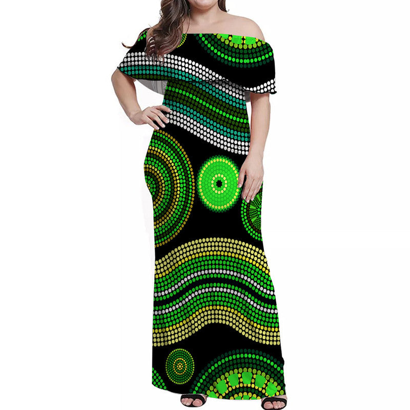 Australian Aboriginal Dot Unique Style Green Off Shoulder Long Dress - Vibe Hoodie Shop