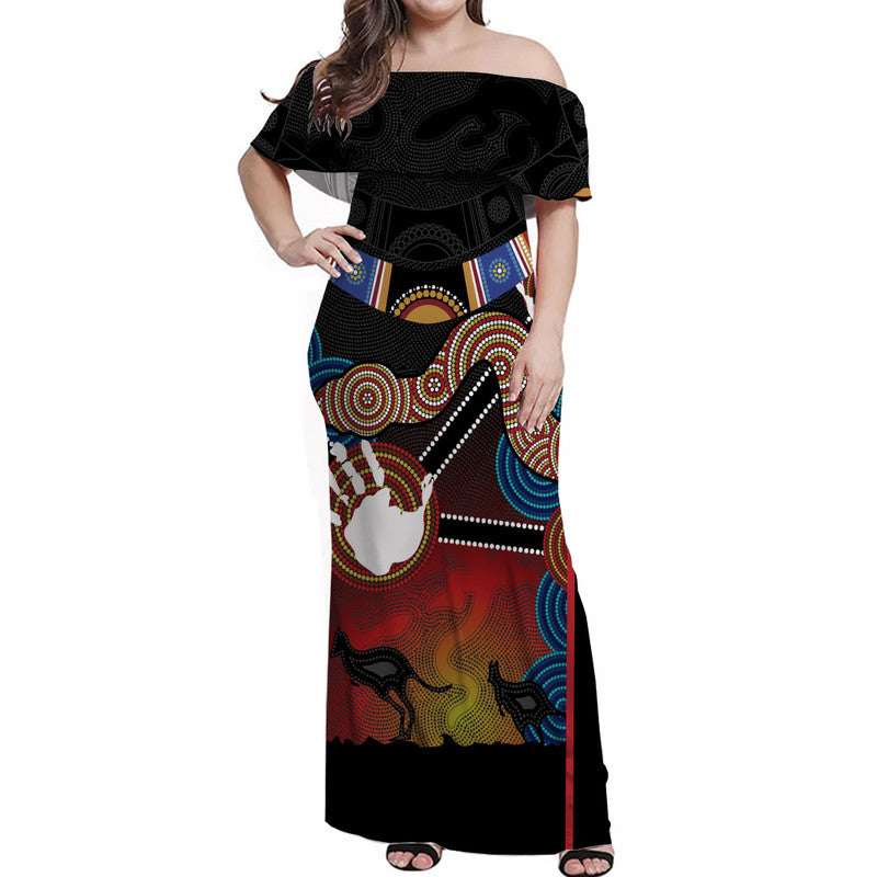 Australian Boomerang And Snake Red Indigenous Art Off Shoulder Long Dress - Vibe Hoodie Shop