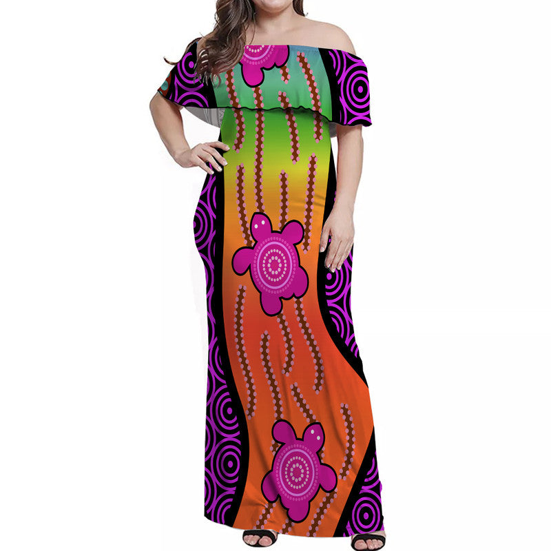 Australian Aboriginal Turtle Pink Off Shoulder Long Dress - Vibe Hoodie Shop