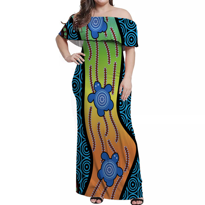 Australian Aboriginal Turtle Blue Off Shoulder Long Dress - Vibe Hoodie Shop