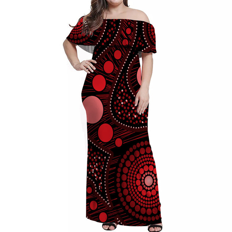 Australian Aboriginal Art Red Off Shoulder Long Dress - Vibe Hoodie Shop