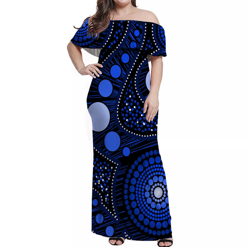 Australian Aboriginal Art Blue Off Shoulder Long Dress - Vibe Hoodie Shop