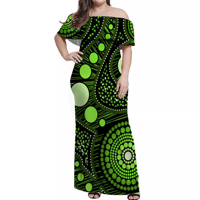 Australian Aboriginal Art Green Off Shoulder Long Dress - Vibe Hoodie Shop