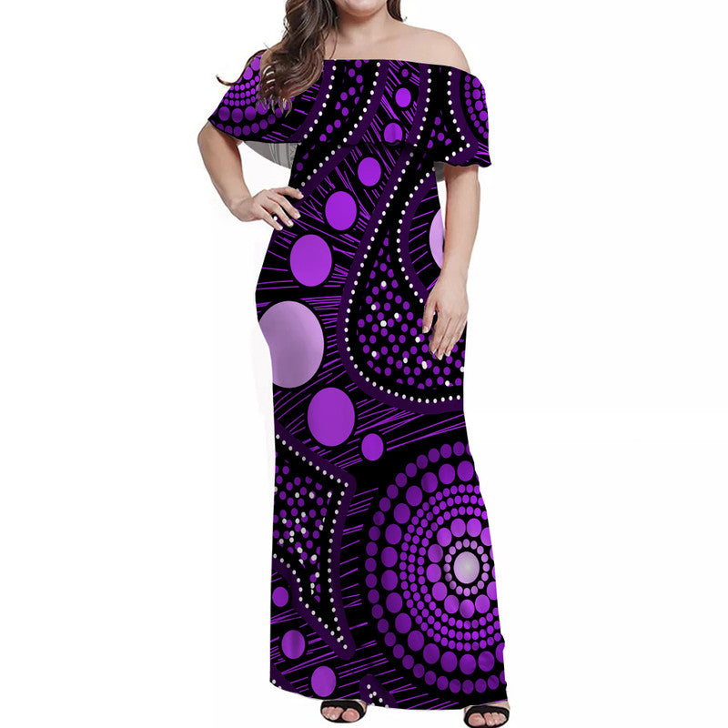 Australian Aboriginal Art Purple Off Shoulder Long Dress - Vibe Hoodie Shop