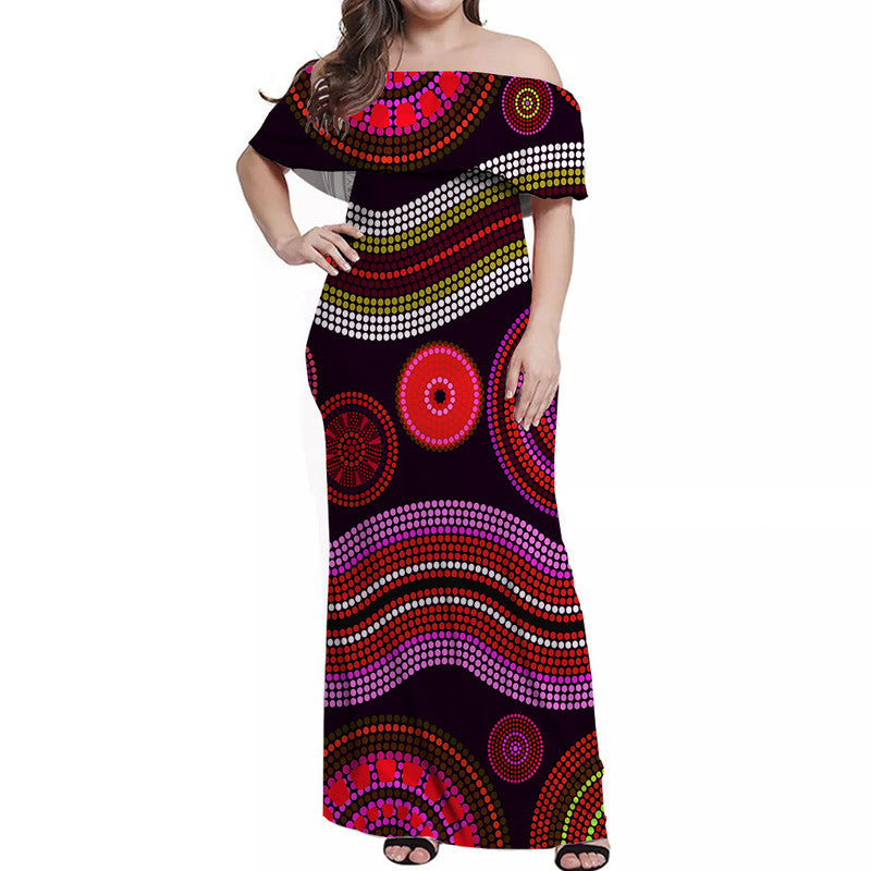 Australian Aboriginal Dot Unique Style Pink Off Shoulder Long Dress - Vibe Hoodie Shop