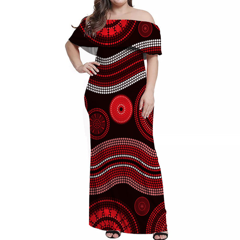 Australian Aboriginal Dot Unique Style Red Off Shoulder Long Dress - Vibe Hoodie Shop