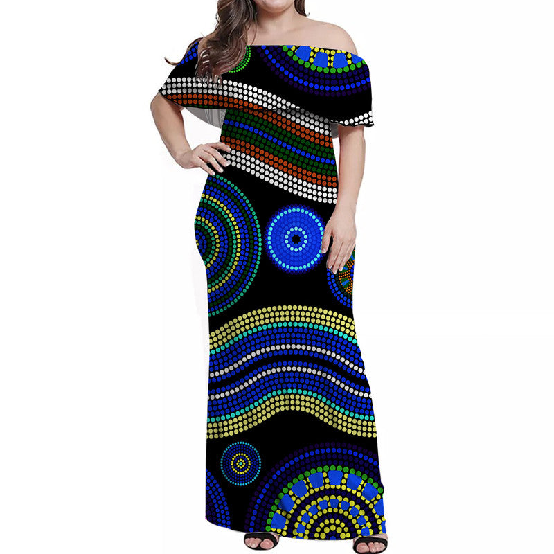 Australian Aboriginal Dot Unique Style Blue Off Shoulder Long Dress - Vibe Hoodie Shop