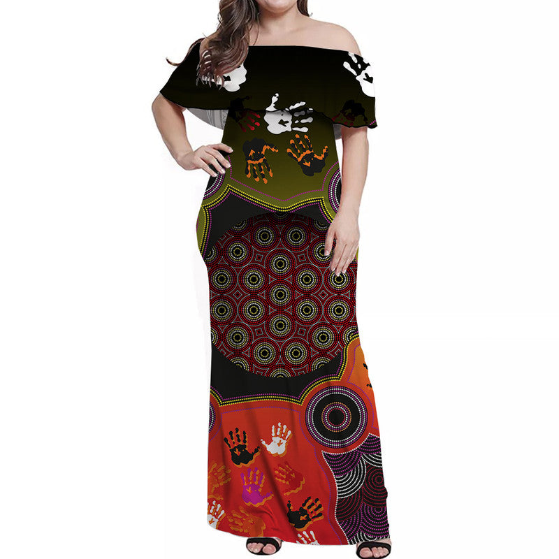 Australian Indigenous Circle Dot Painting Hand Art Off Shoulder Long Dress - Vibe Hoodie Shop