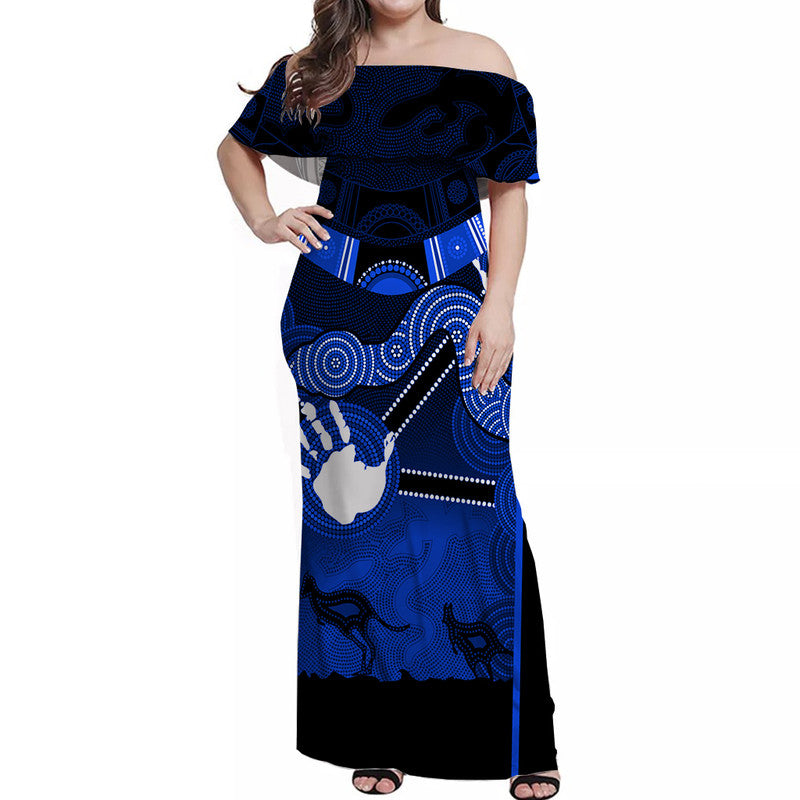 Australian Boomerang And Snake Blue Indigenous Art Off Shoulder Long Dress - Vibe Hoodie Shop