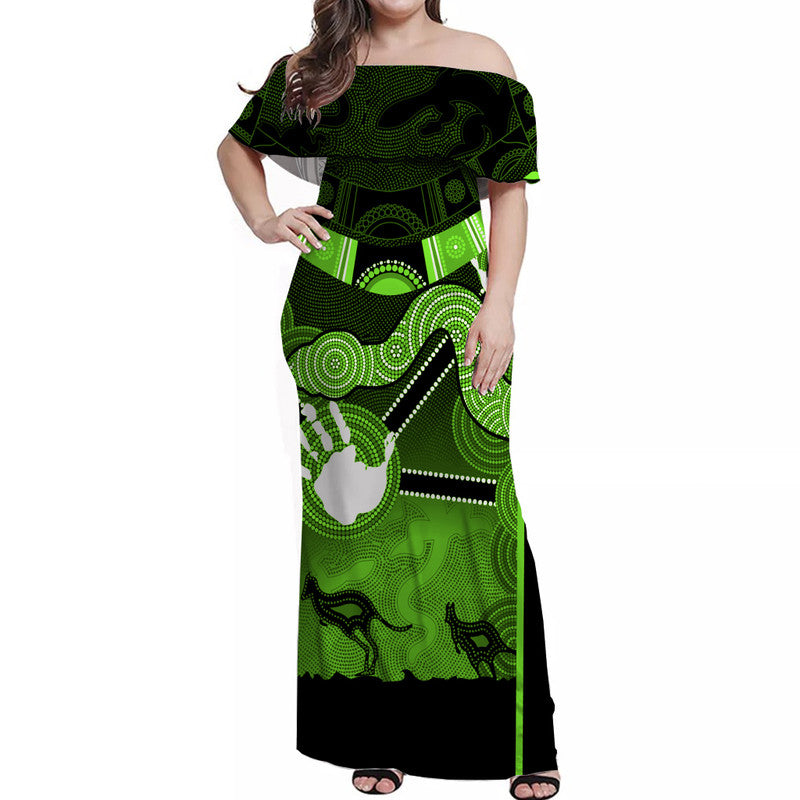 Australian Boomerang And Snake Green Indigenous Art Off Shoulder Long Dress - Vibe Hoodie Shop