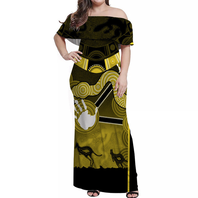 Australian Boomerang And Snake Yellow Indigenous Art Off Shoulder Long Dress - Vibe Hoodie Shop