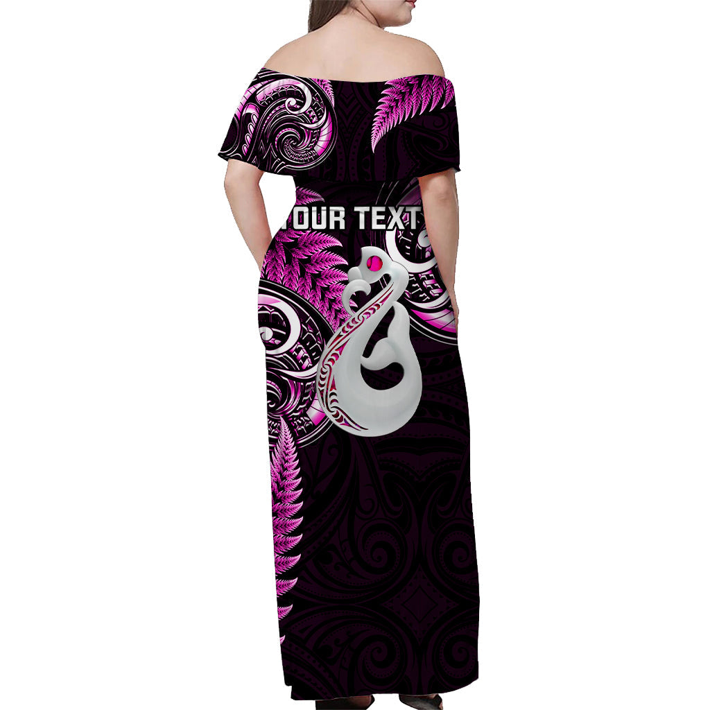 Personalised New Zealand Couples Off Shoulder Maxi Dress and Long Sleeve Button Shirts Aotearoa Silver Fern With Manaia Maori Unique Pink LT14