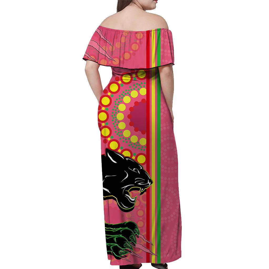 Panthers Rugby Off Shoulder Long Dress The Mountain Men Aboriginal Art Dynamic Pink Version - Vibe Hoodie Shop