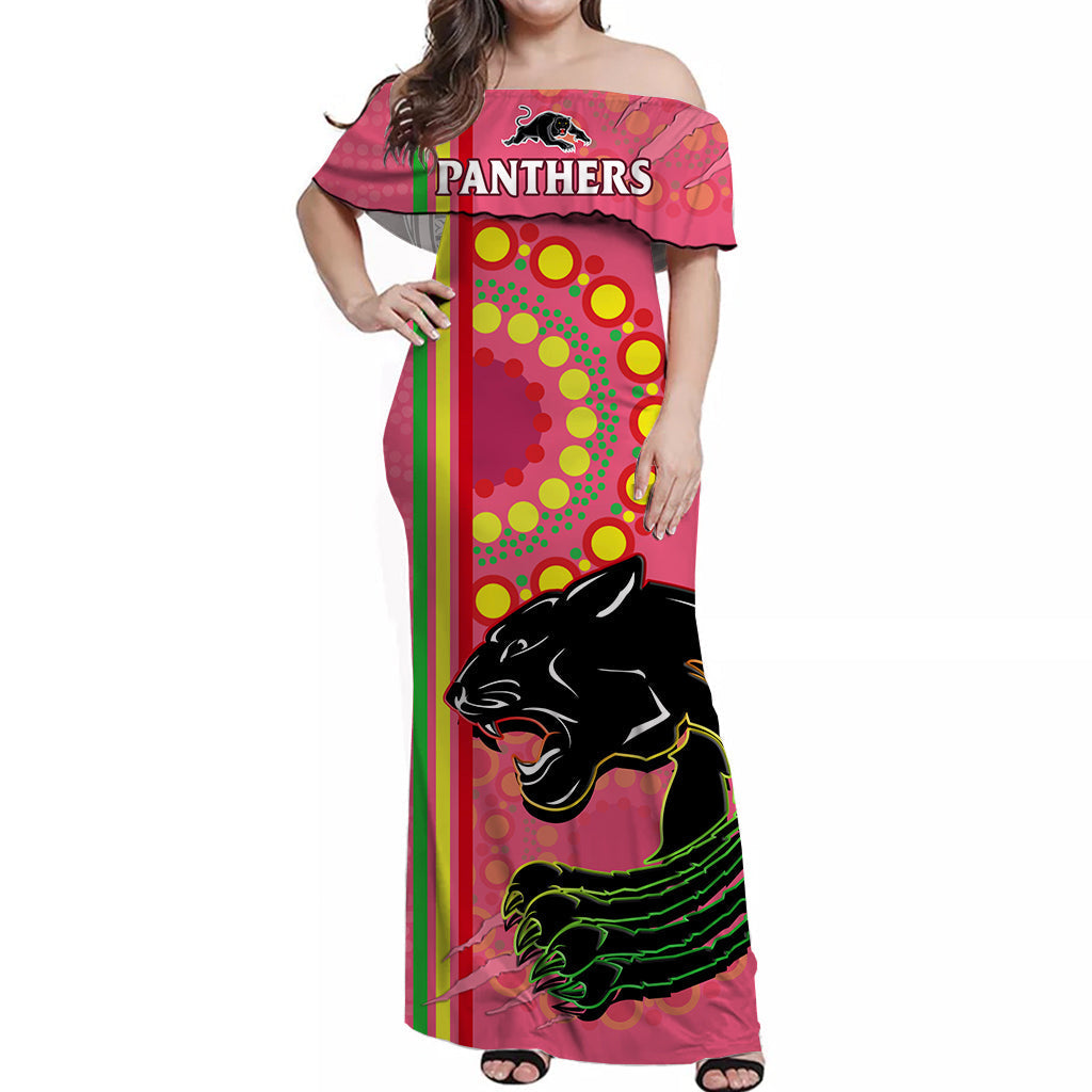 Panthers Rugby Off Shoulder Long Dress The Mountain Men Aboriginal Art Dynamic Pink Version - Vibe Hoodie Shop