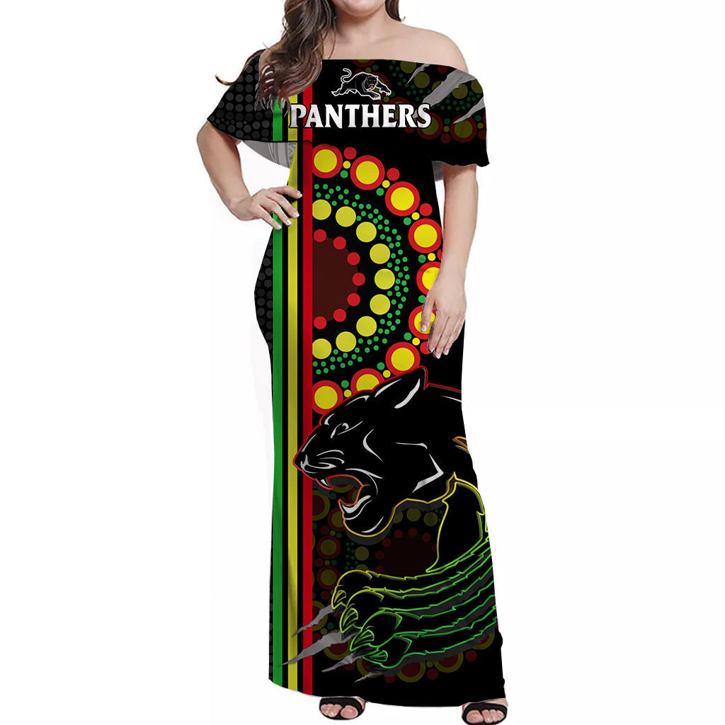 Panthers Rugby Off Shoulder Long Dress The Mountain Men Aboriginal Art Dynamic - Vibe Hoodie Shop