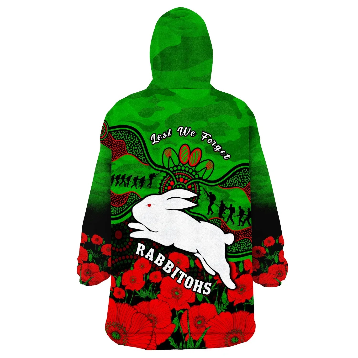 Rabbitohs Rugby ANZAC Wearable Blanket Hoodie South Sydney Camouflage Poppy Aboriginal - Vibe Hoodie Shop