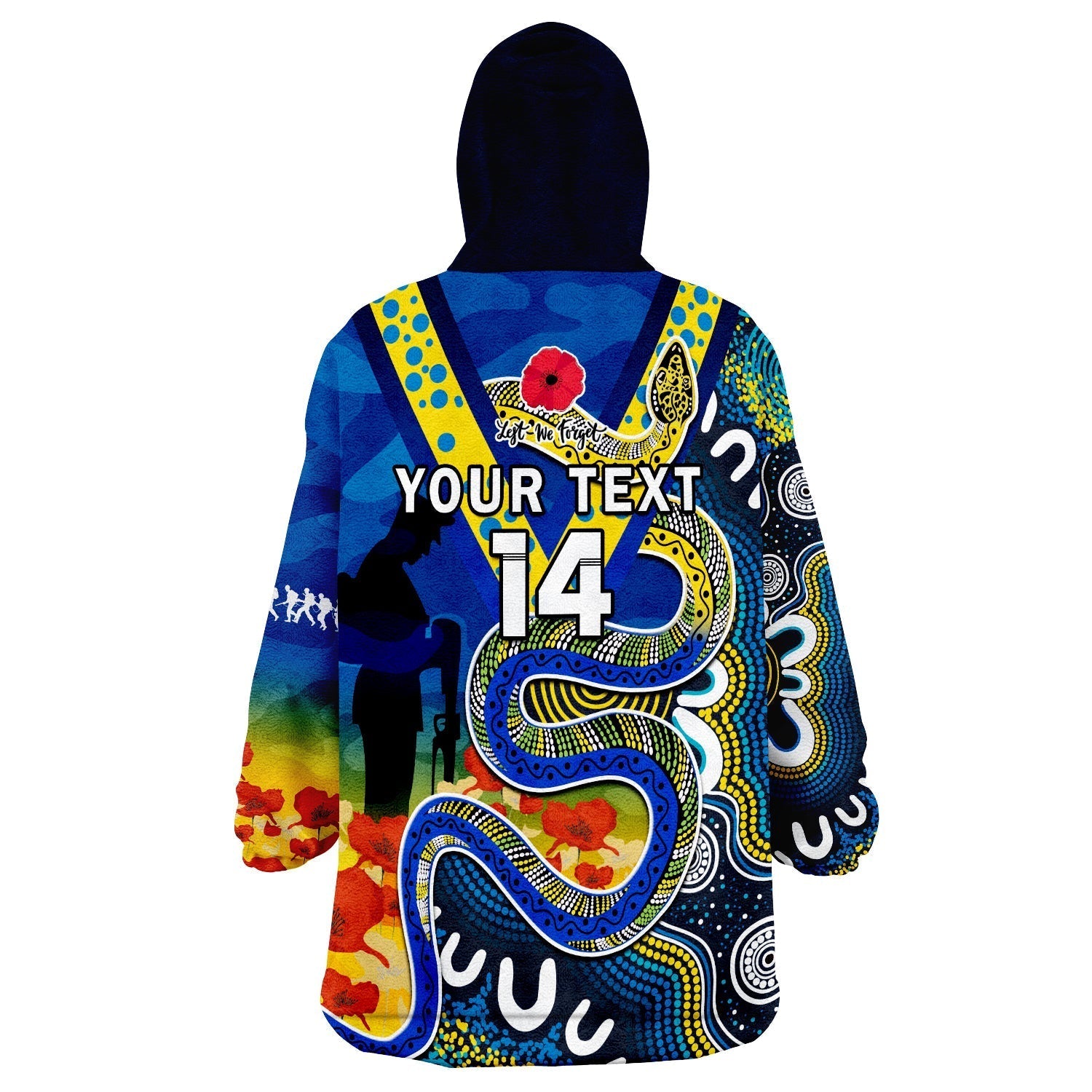 (Custom Text And Number) Eels Rugby ANZAC 2023 Wearable Blanket Hoodie Aboriginal Mix Poppy Lest We Forget - Vibe Hoodie Shop