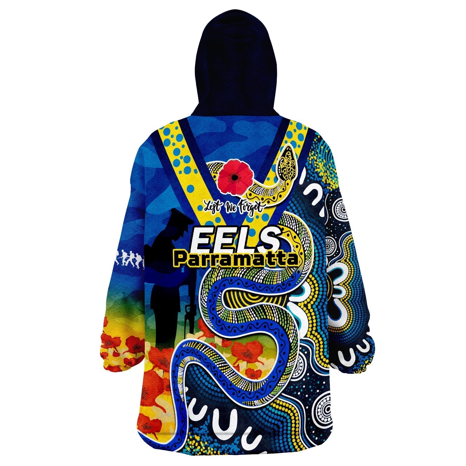 Eels Rugby ANZAC 2023 Wearable Blanket Hoodie Aboriginal Mix Poppy Lest We Forget - Vibe Hoodie Shop