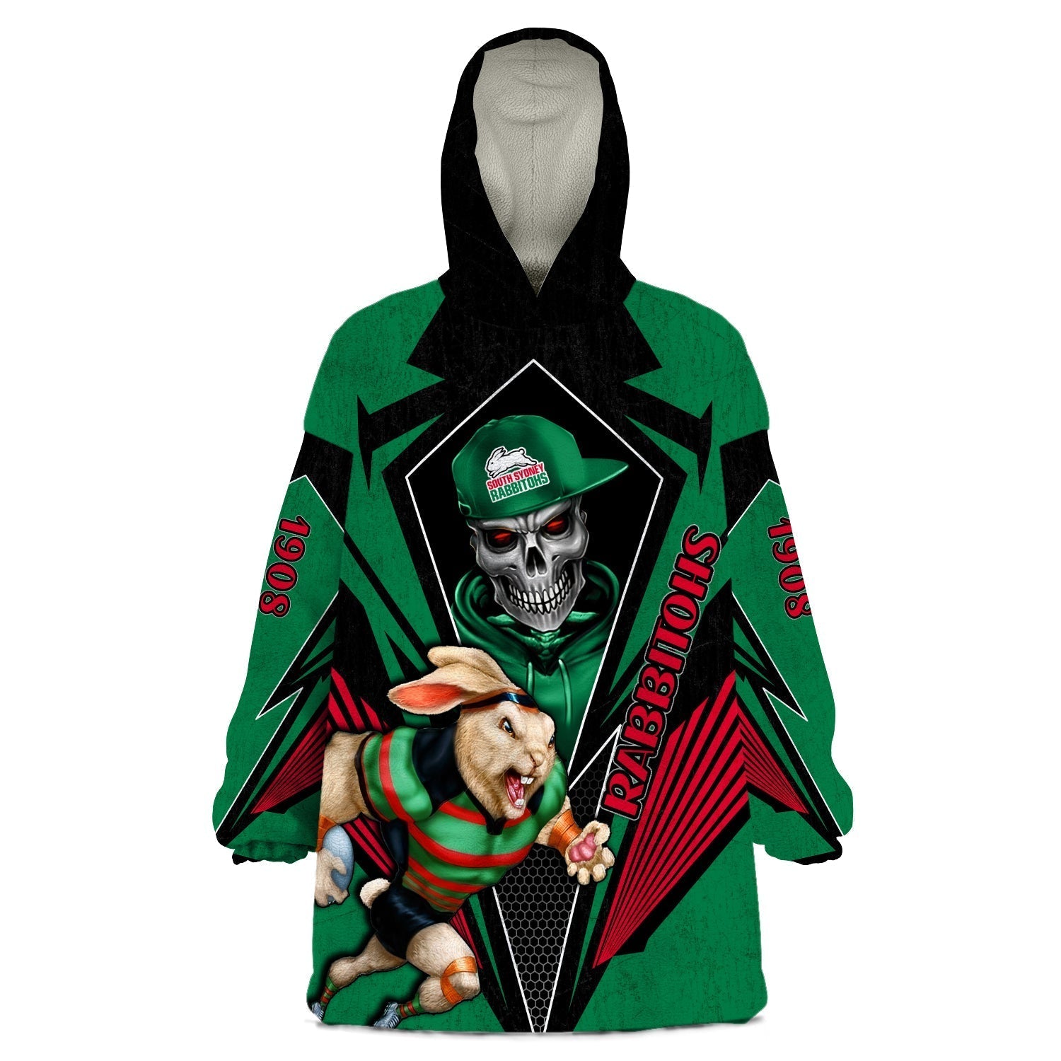 (Custom Personalised) Rabbitohs Rugby Wearable Blanket Hoodie Mascot South Sydney Since 1908 Cool Skull - Vibe Hoodie Shop