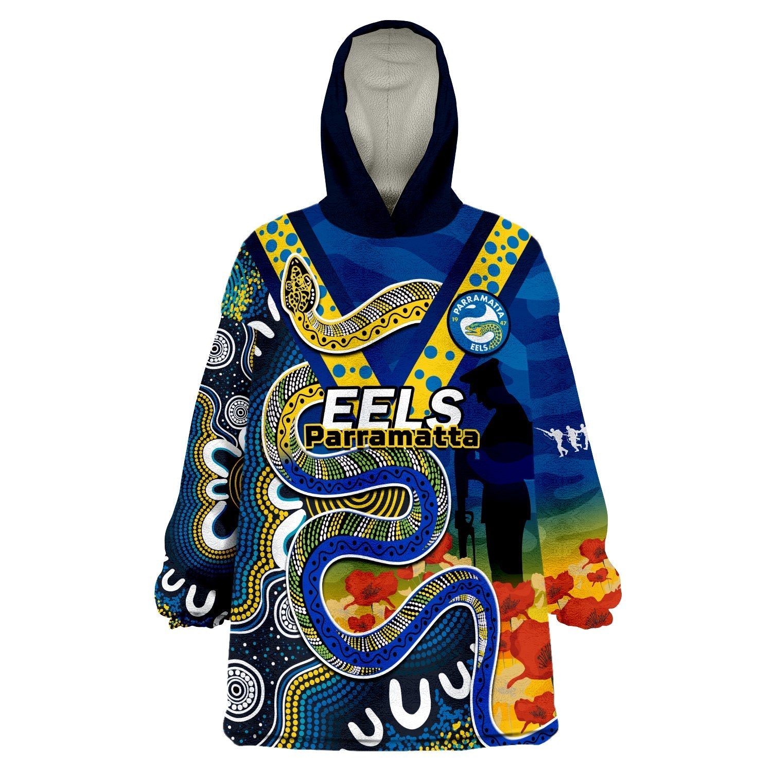 (Custom Text And Number) Eels Rugby ANZAC 2023 Wearable Blanket Hoodie Aboriginal Mix Poppy Lest We Forget - Vibe Hoodie Shop