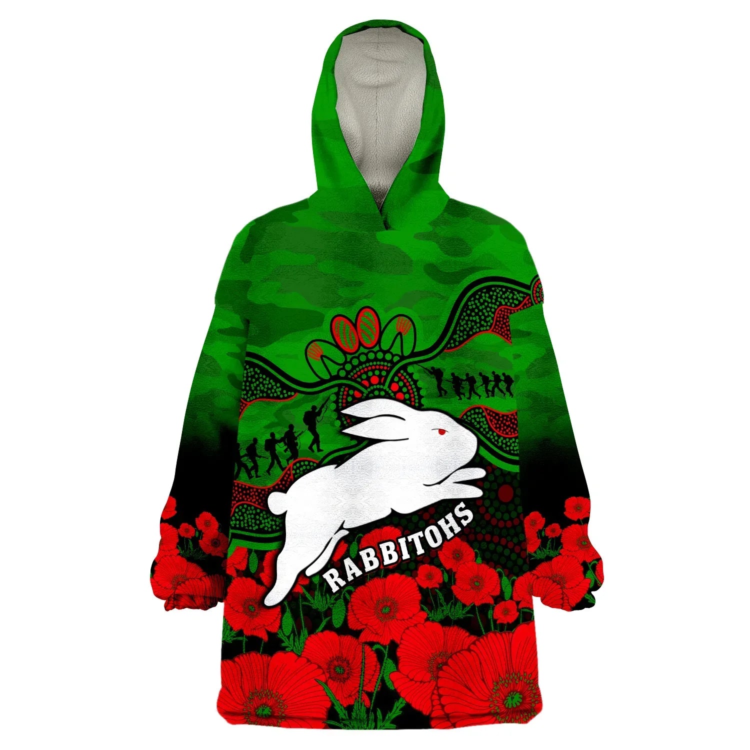 Rabbitohs Rugby ANZAC Wearable Blanket Hoodie South Sydney Camouflage Poppy Aboriginal - Vibe Hoodie Shop