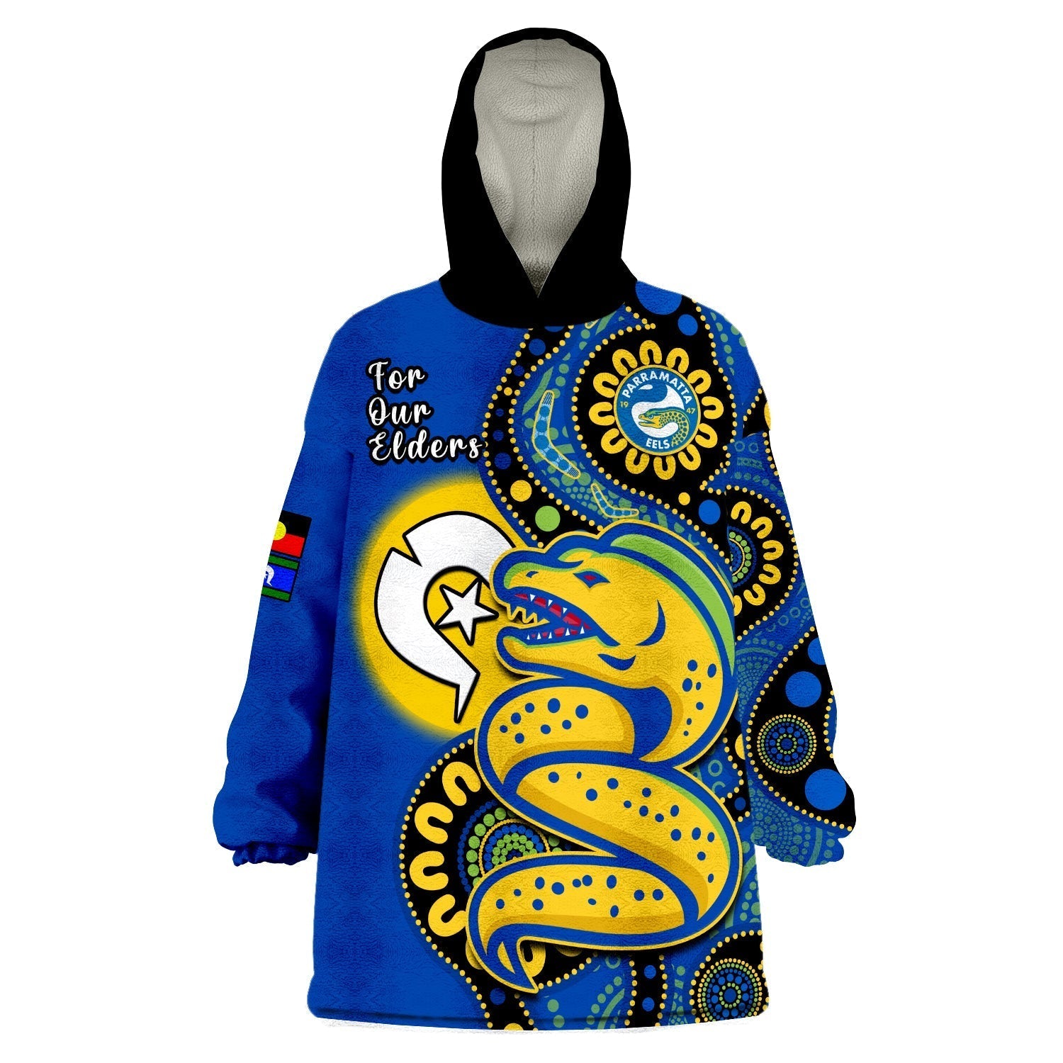 (Custom Text And Number) Eels Rugby NAIDOC 2023 Wearable Blanket Hoodie For Our Elders Aboriginal - Vibe Hoodie Shop