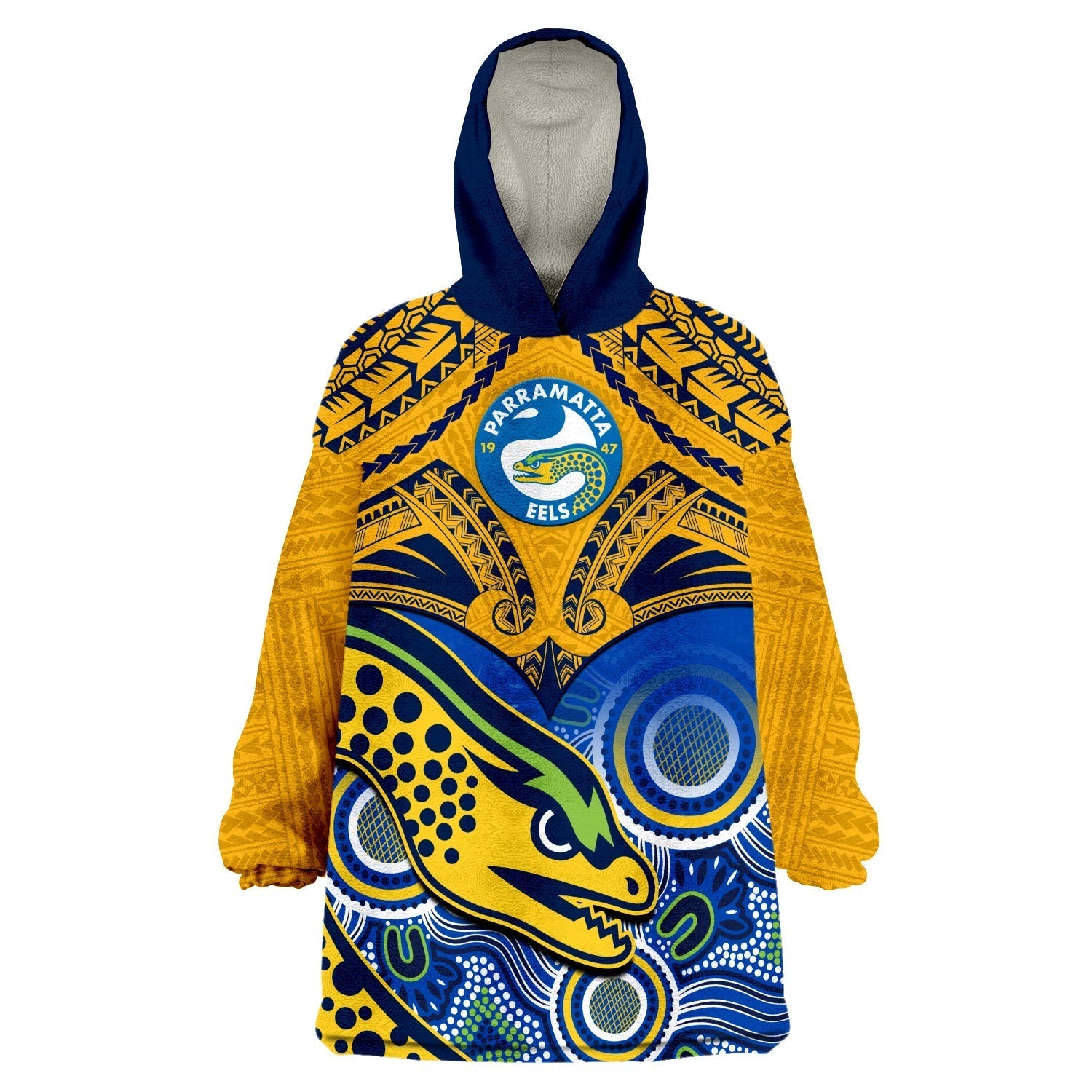 (Custom Text And Number) Parramatta Rugby 2023 Wearable Blanket Hoodie Go Eels Polynesian Mix Indigenous Art - Vibe Hoodie Shop