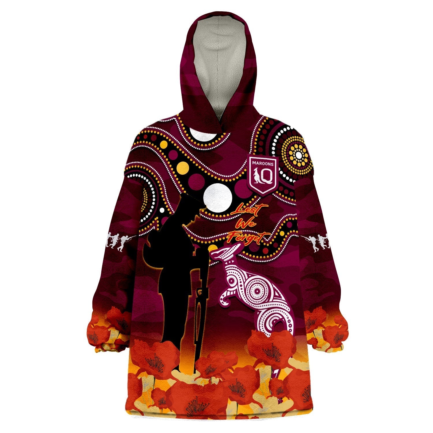 (Custom Text And Number) Maroons Rugby ANZAC 2023 Wearable Blanket Hoodie QLD Aboriginal Mix Poppy Camouflage - Vibe Hoodie Shop