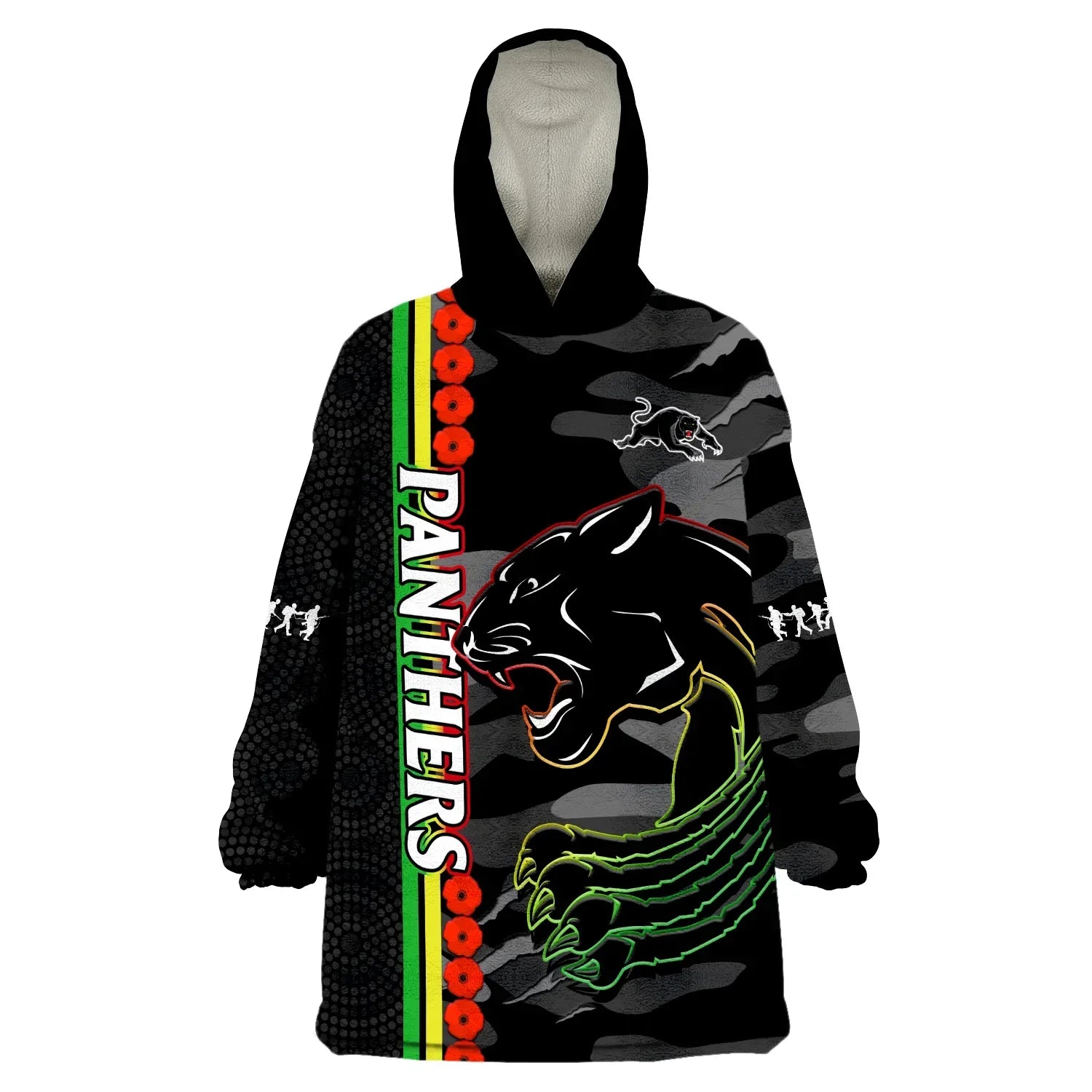 (Custom Text And Number) Panthers Rugby ANZAC Wearable Blanket Hoodie Aboriginal Mix Poppy Camouflage Black - Vibe Hoodie Shop