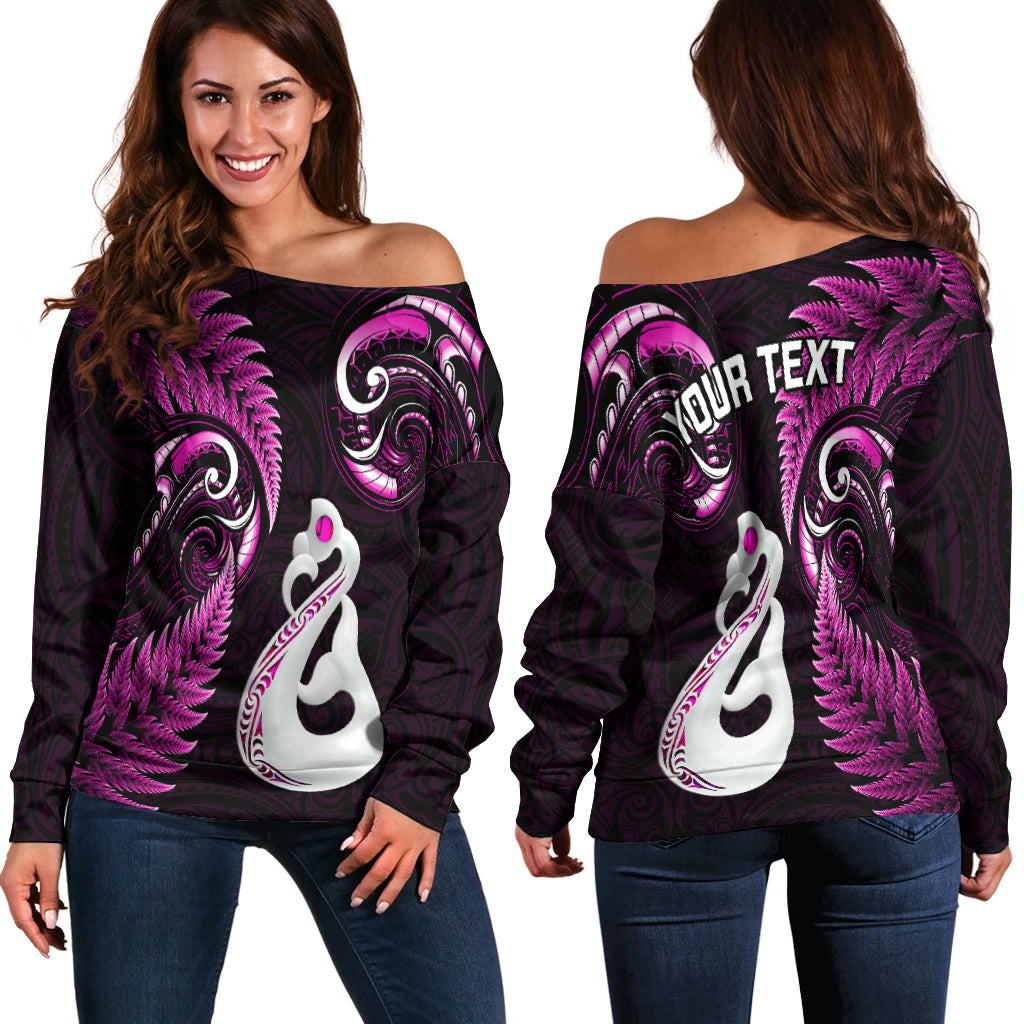 Personalised New Zealand Off Shoulder Sweater Aotearoa Silver Fern With Manaia Maori Unique Pink - Vibe Hoodie Shop