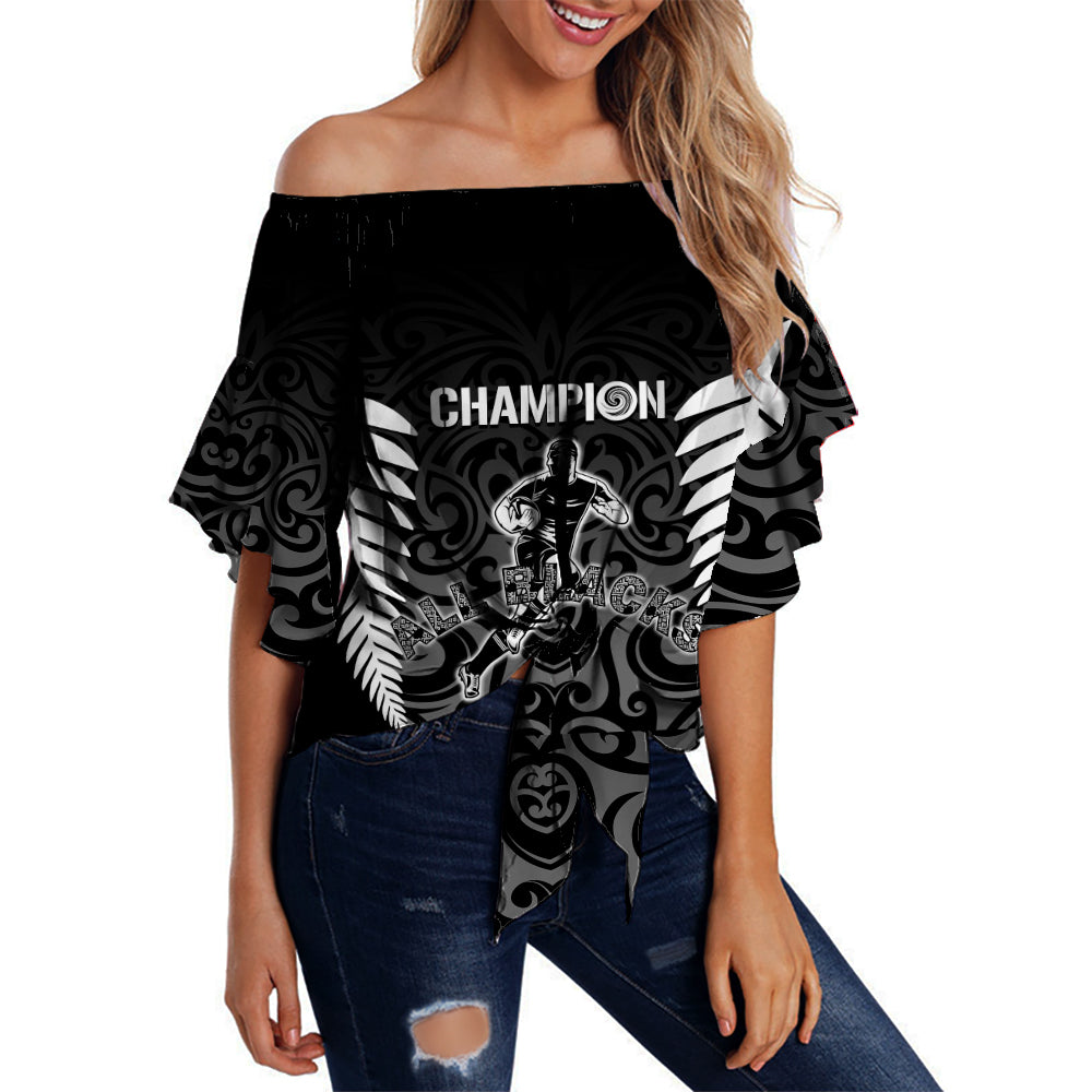 Personalised New Zealand Rugby Off Shoulder Waist Wrap Top All Black Champion LT7