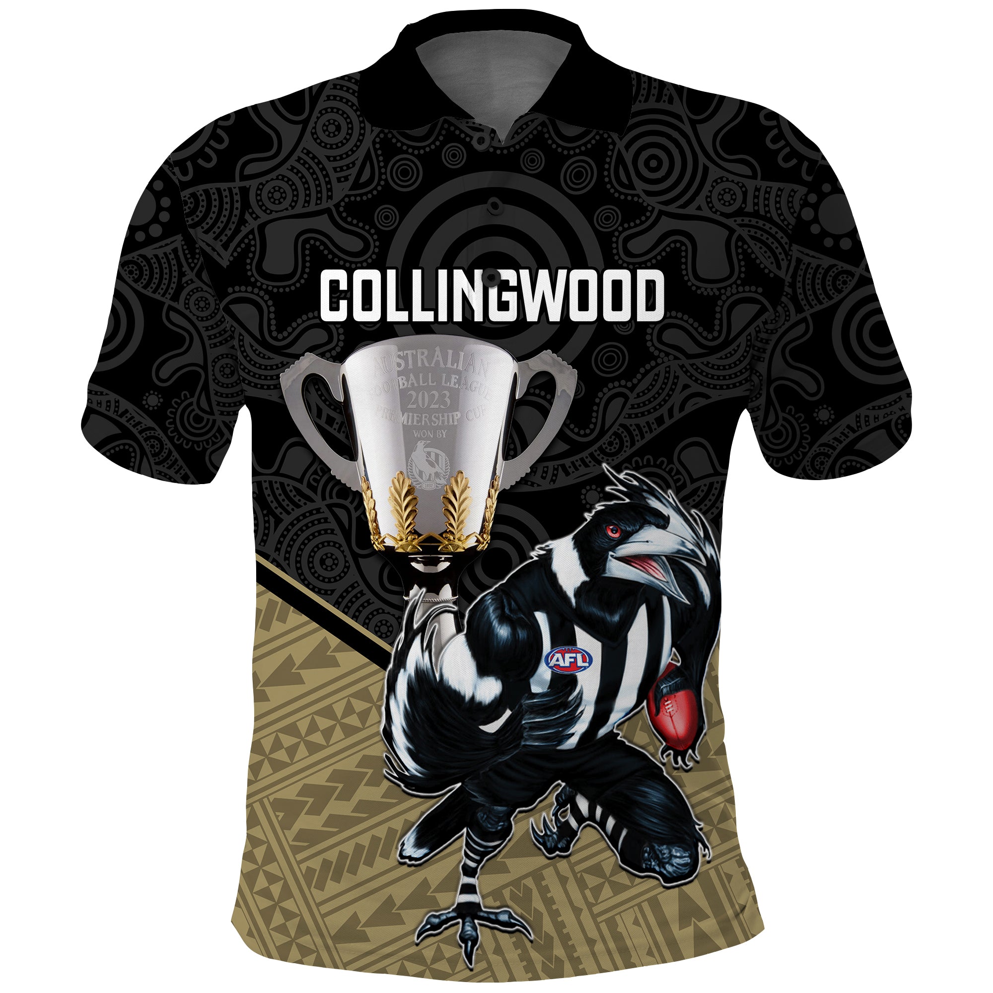 Collingwood Football Polo Shirt 2023 Mascot With Trophy Magpies Go Champions - Vibe Hoodie Shop